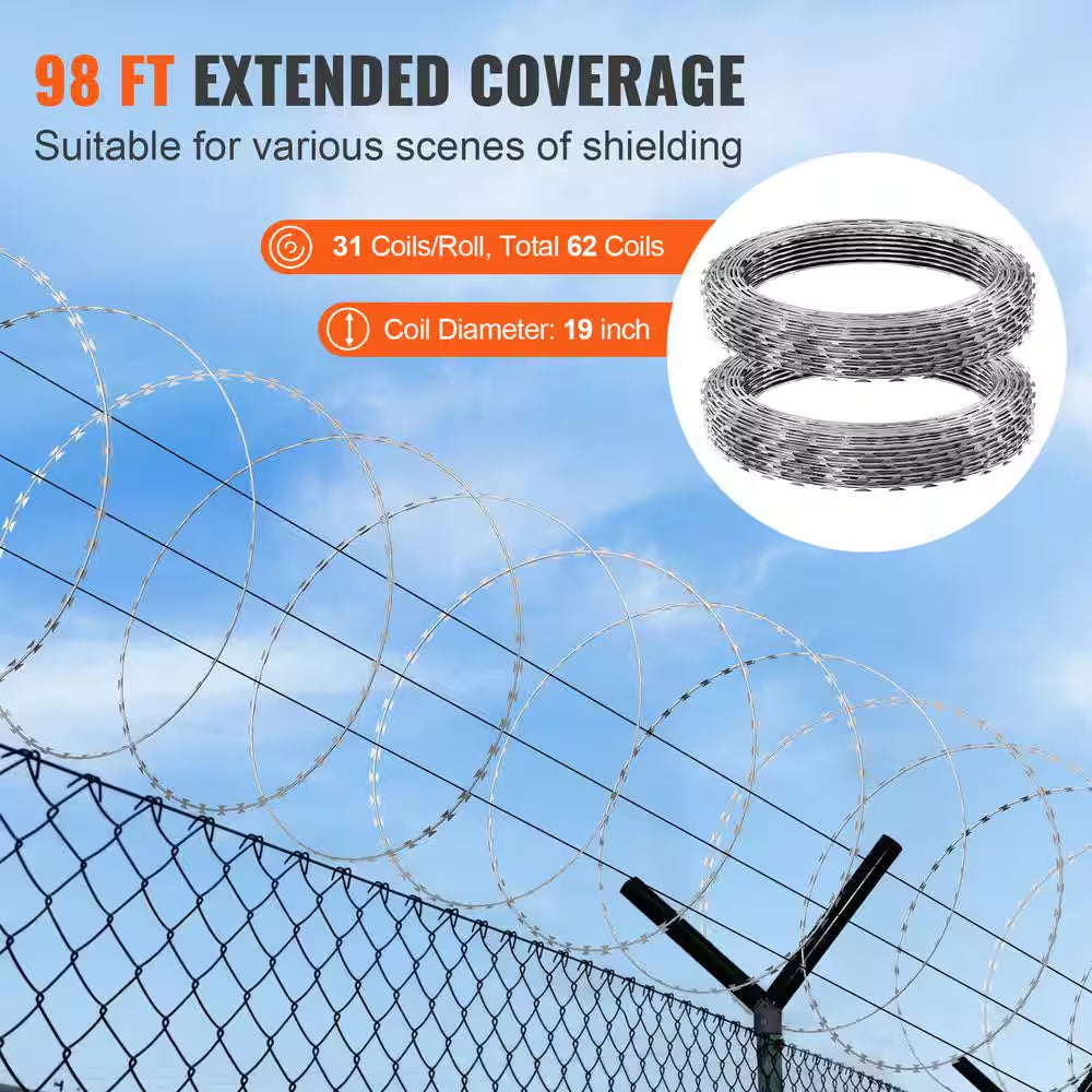 Razor Wires, 98 Ft. Razor Barbed Wire, 2 Rolls Razor Wire Fencing Razor Fence, Razor Ribbon Barbed Wire Galvanized Razor