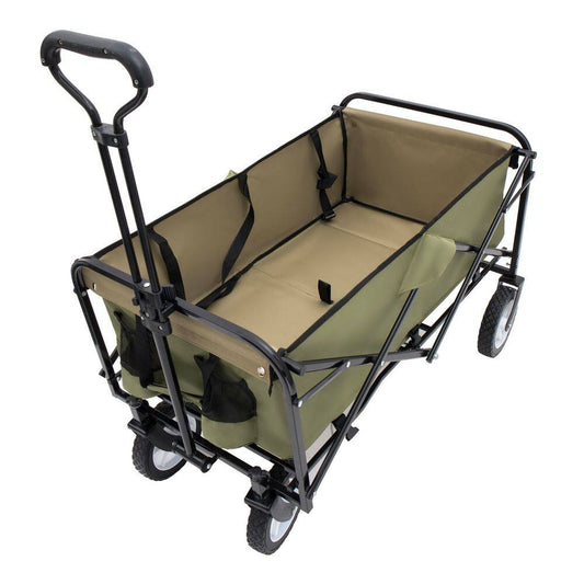17 Cu. Ft. Army Green Fabric Collapsible Garden Cart, Utility Wagon W/Strap and All-Terrain Wheels for Outdoor Shopping