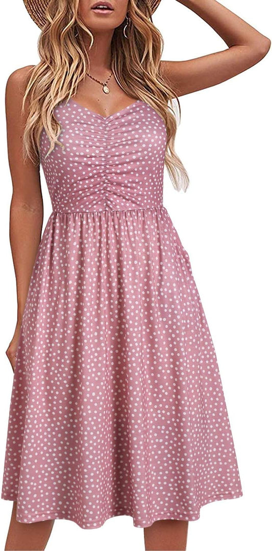 Casual Dresses for Women Sleeveless Cotton Summer Beach Dress a Line Spaghetti Strap Sundresses with Pockets