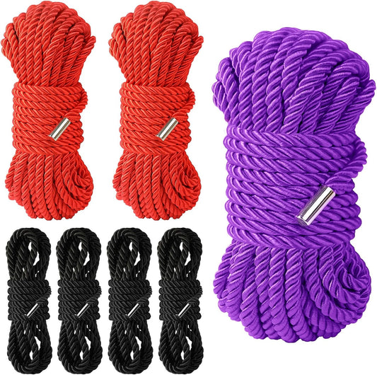 Silk Rope, Skin Friendly Durable Soft Rope, Multipurpose Long Rope Nylon Satin Braided Twisted Rope, 8Mm Thick (Length：4X8Ft Black+2X16Ft Red+32Ft Purple)