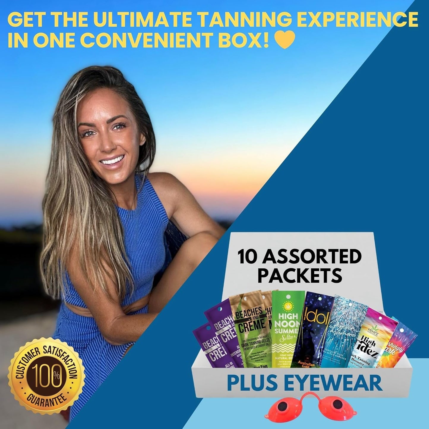 10 Pack of Tanning Bed Lotion Packets + Eyewear – [The Tan Packet Box], Best Accelerating Lotion for Tanning Indoor or Outdoor, Sun Tan Cream, Dark Accelerator (0.5 Oz Each Sachet)