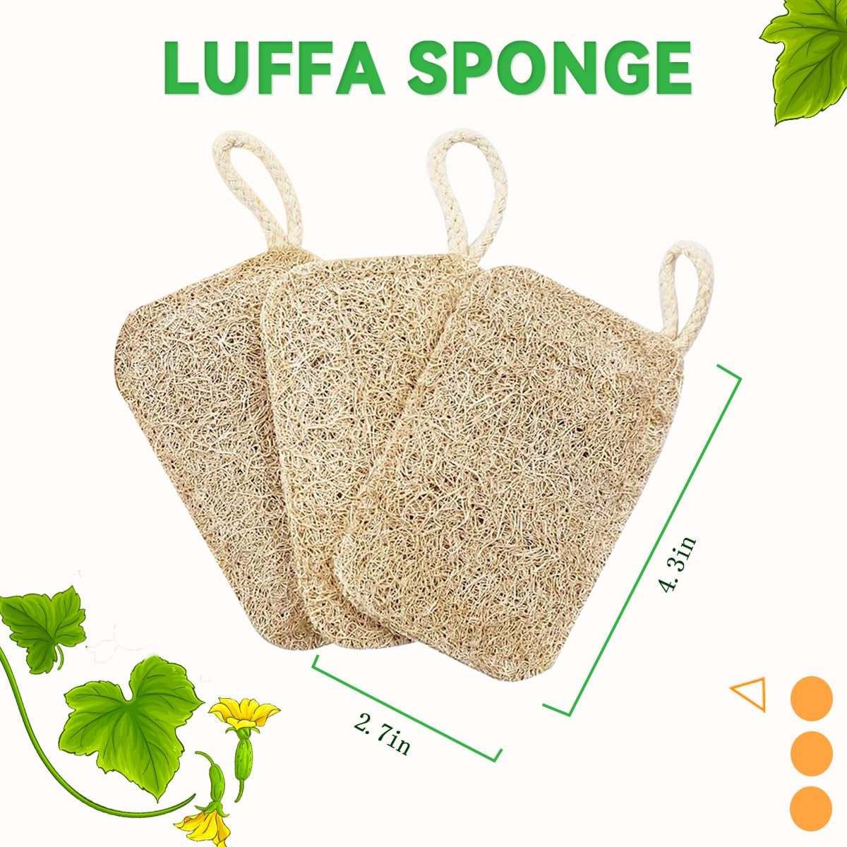 Natural Loofah Sponge Exfoliating Body Scrubber (3 Pack), Shower Scrub, Remove Dead Skin, Durable, Beige