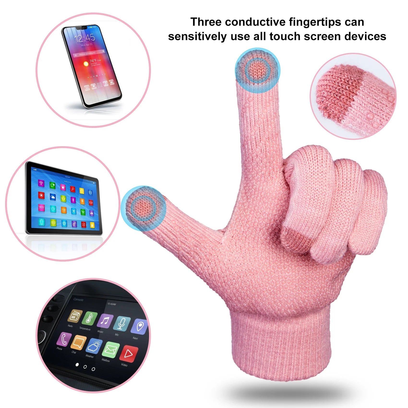 3 Pieces Women Winter Hat Gloves Scarf Set, Knit Beanie Neck Warmer Touch Screen Mittens Pink