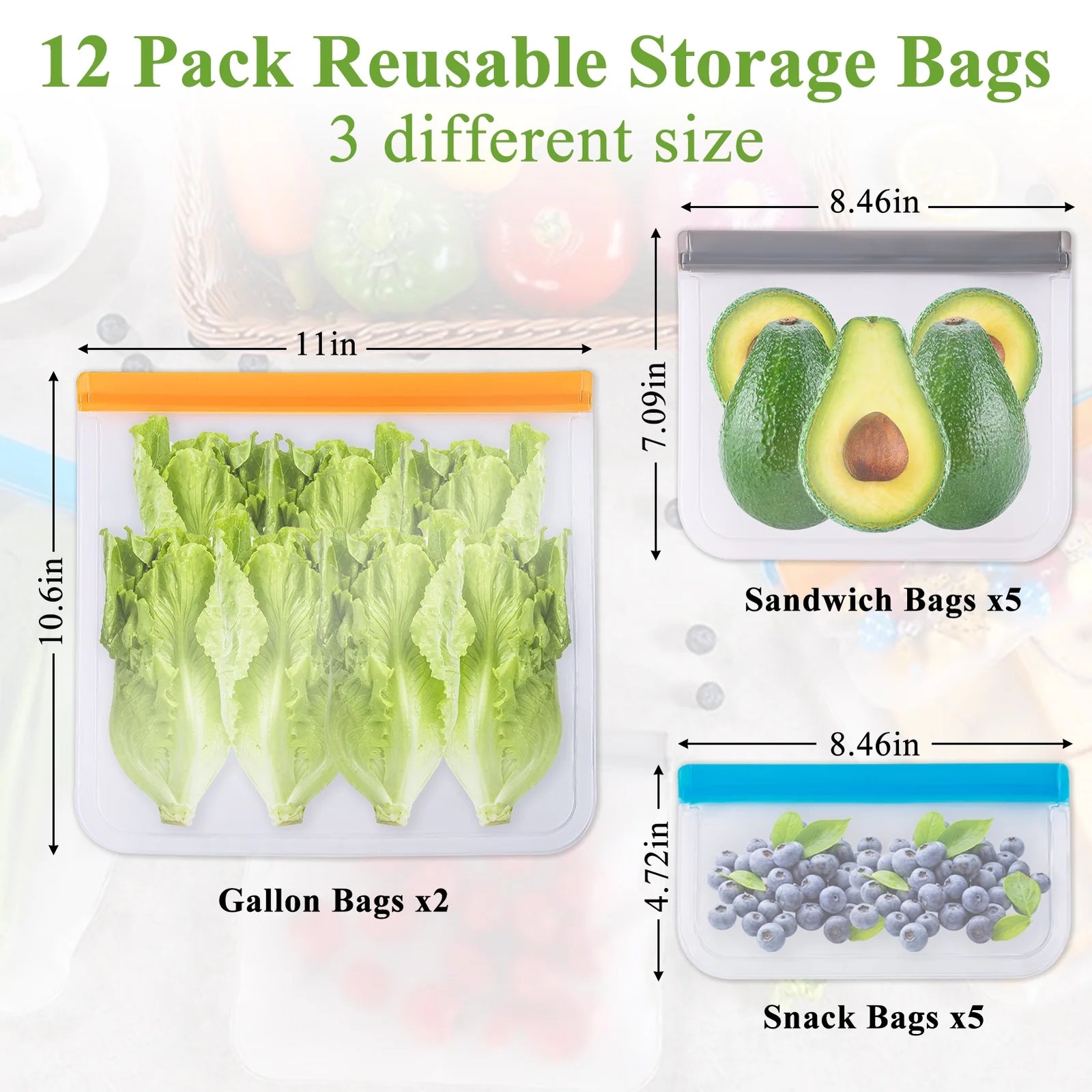12 Pack Reusable Freezer Bags, Reusable Gallon Food Storage Bags Leakproof Bags