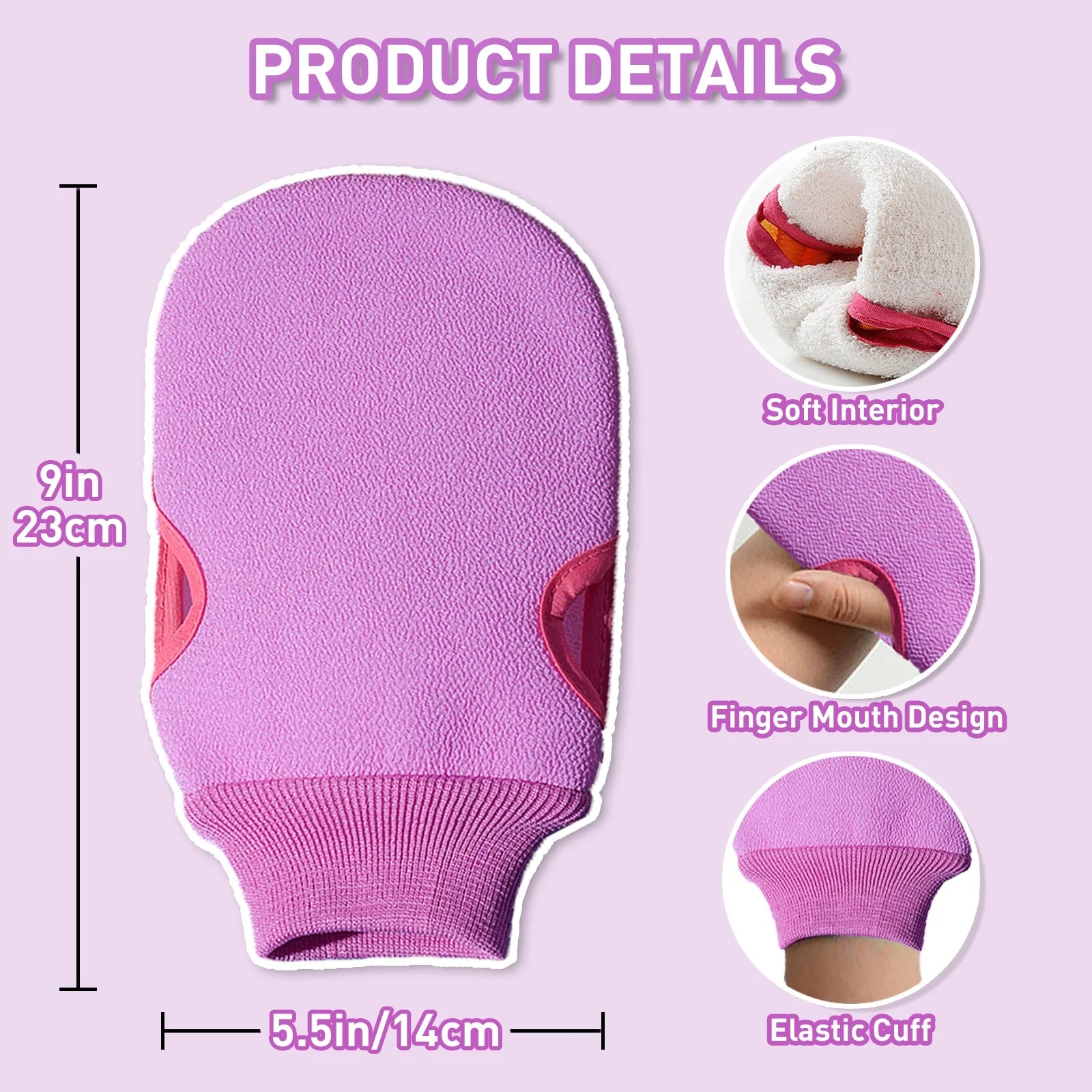 Exfoliating Glove, Shower Scrub Gloves, Bath Body Exfoliator Mitt Dead Skin Remover Double Sided Exfoliation for All Skin Types Improve Blood Circulation, 2 Pack Purple
