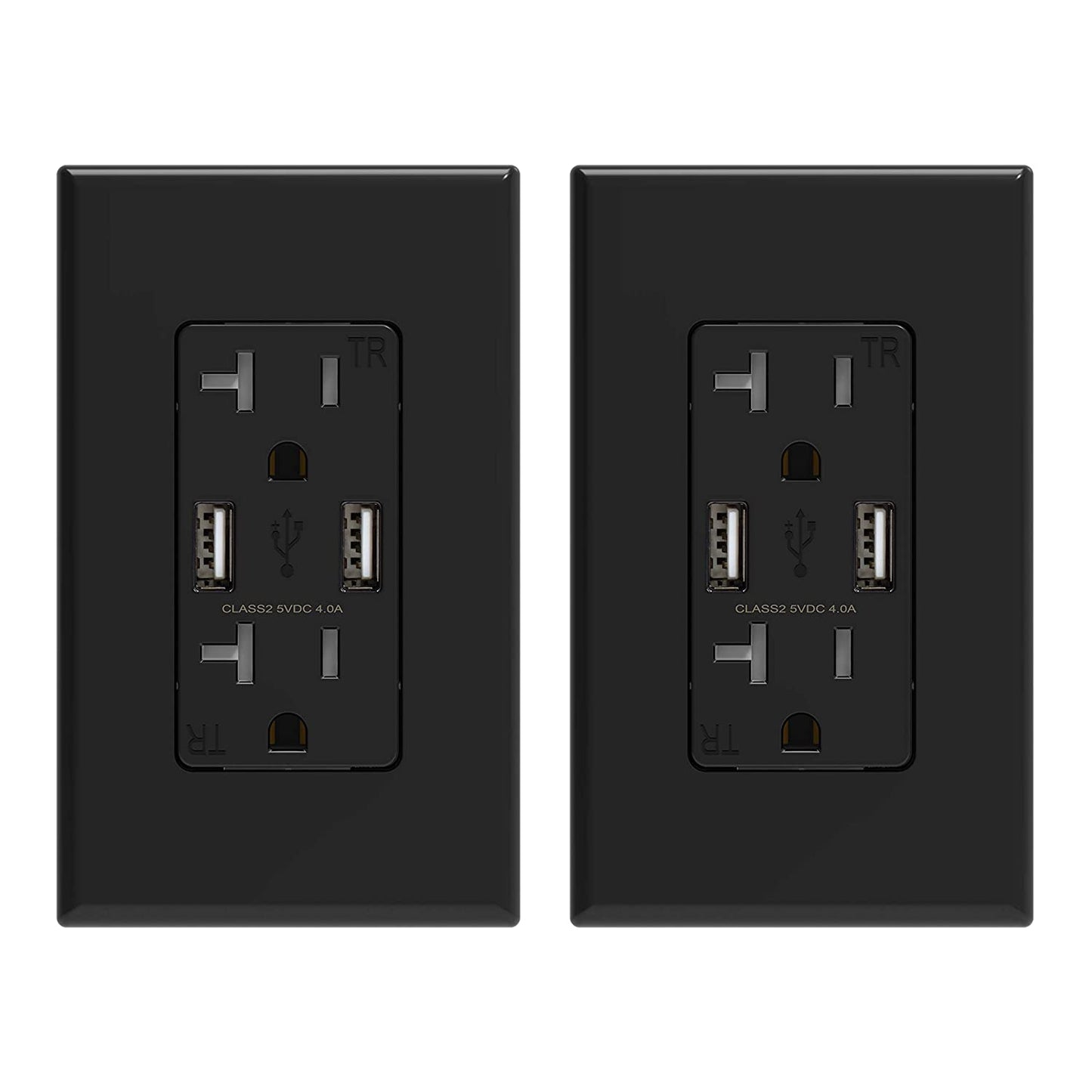 USB Wall Outlet Receptacle with Dual 4.0 a Ports, 20 Amp Duplex Tamper Resistant, Charging Power Outlet, Wall Plate Included, UL Listed (2 Pack, Glossy Black)