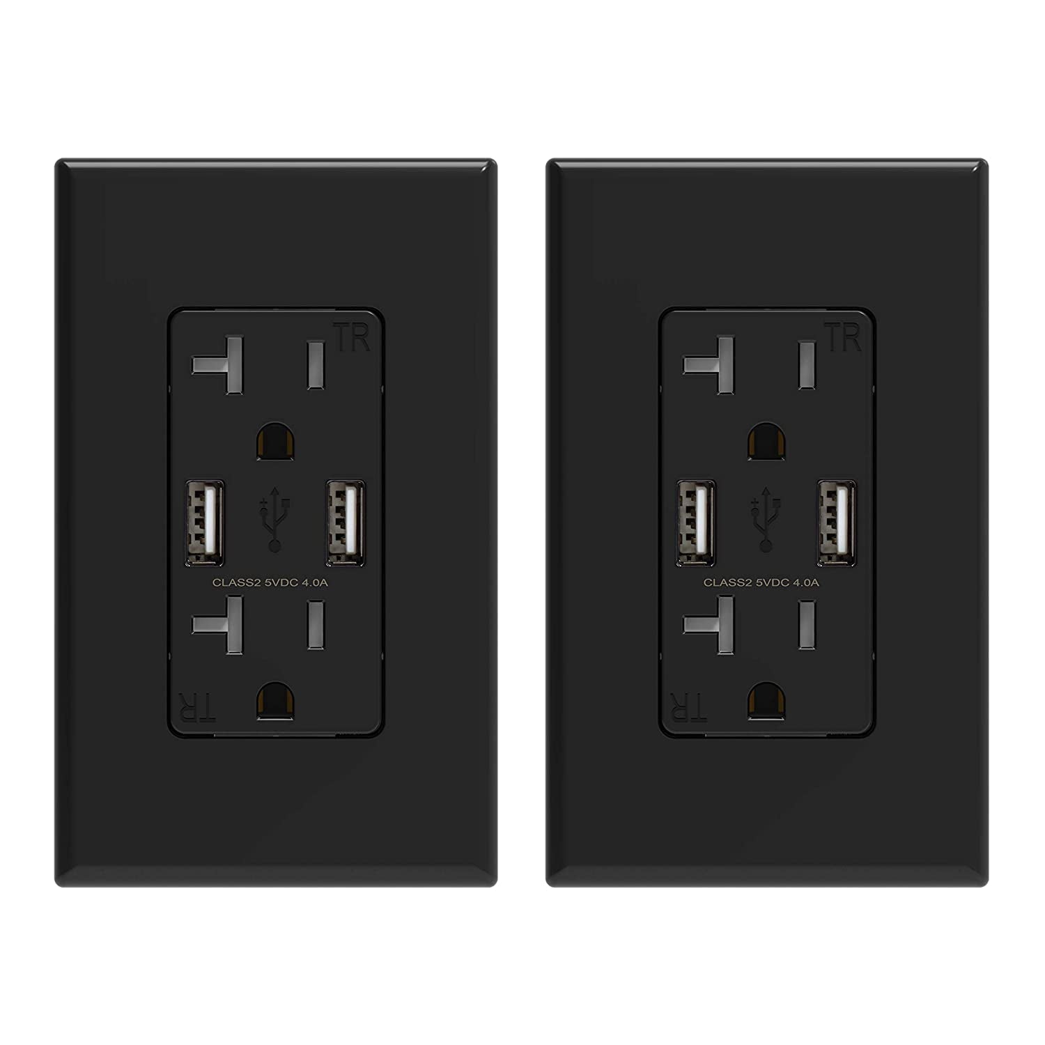 USB Wall Outlet Receptacle with Dual 4.0 a Ports, 20 Amp Duplex Tamper Resistant, Charging Power Outlet, Wall Plate Included, UL Listed (2 Pack, Glossy Black)