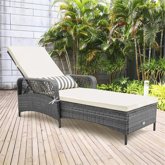 Outdoor Chaise Lounge Chair Recliner Rattan Mix Gray Steel Frame Stationary Chaise Lounge Chair with Off-White Polyester Cushioned Seat