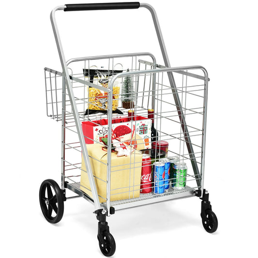 330Lbs Heavy Duty Folding Shopping Cart Utility Jumbo Double Basket Silver
