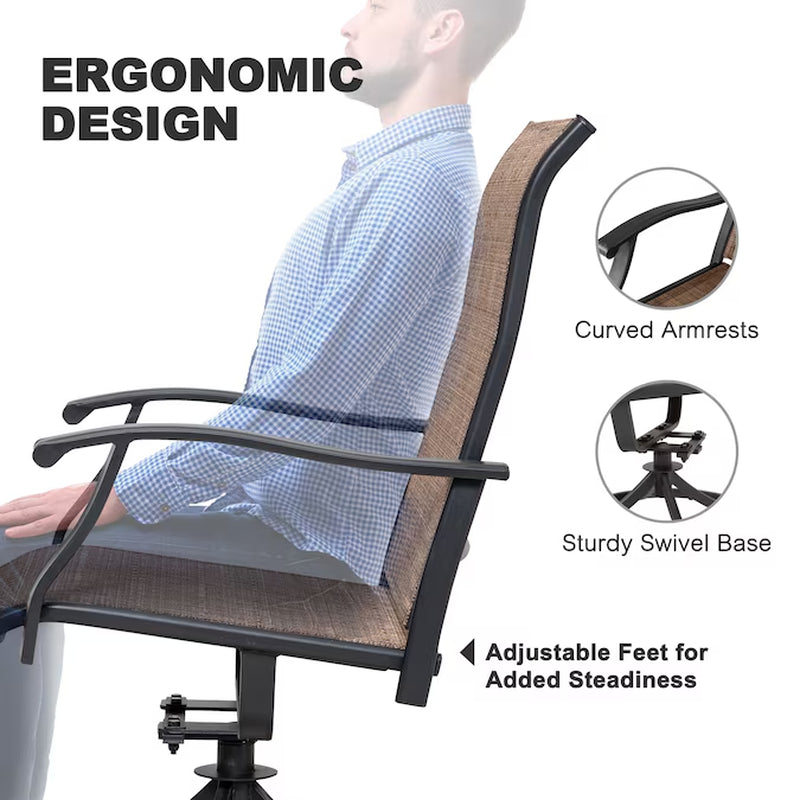 Outdoor 2-Piece Swivel Chair Set Set of 2 Black Iron Frame Swivel Dining Chair with Brown Solid Seat