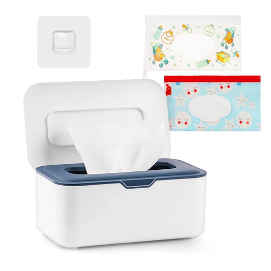 Baby Wipes Dispenser Wipes Holder Wipes Container Case, Flushable Wipes Box with 2Pcs Portable Travel Wipes Pouch, Blue