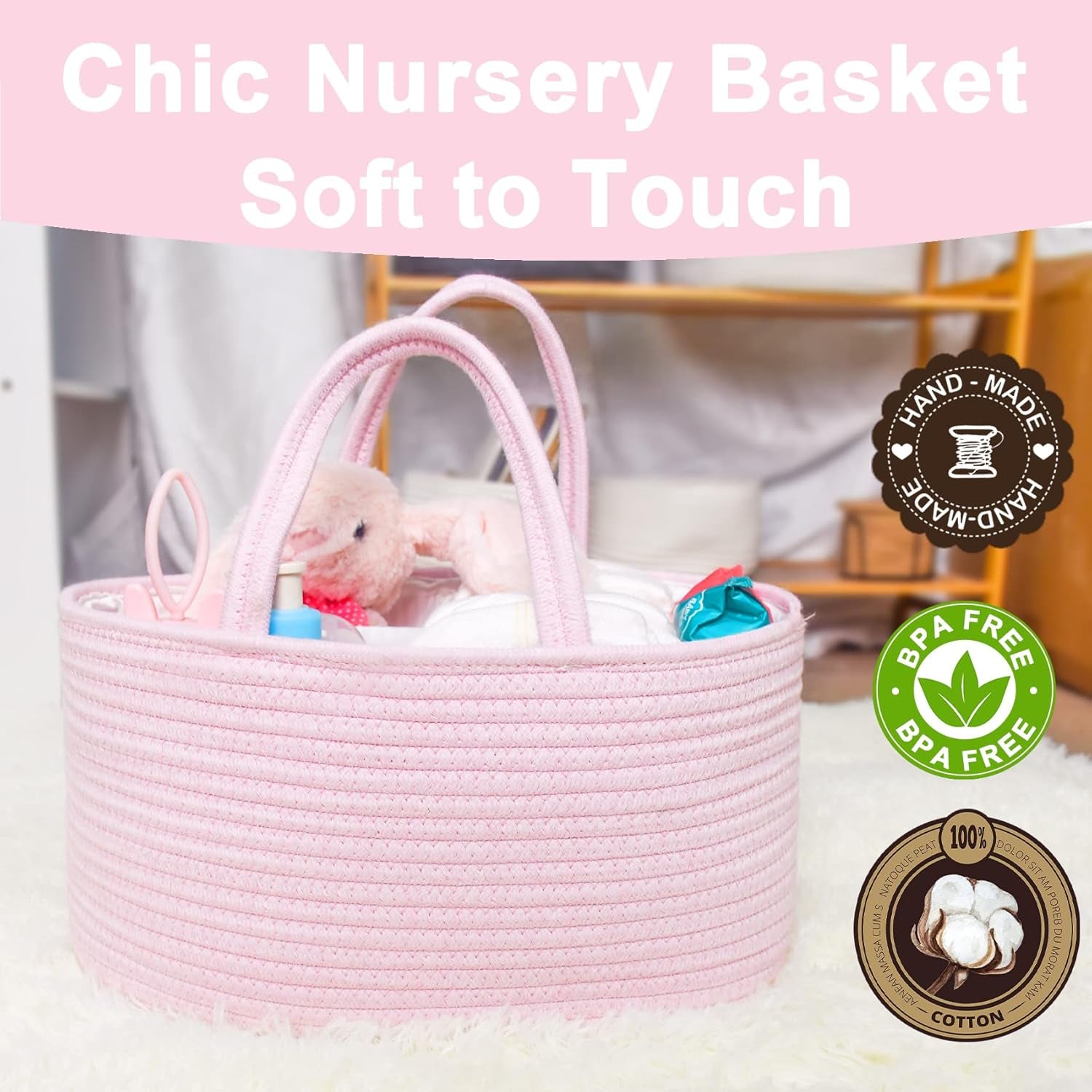 Diaper Caddy Organizer - Cotton Rope Nursery Storage Basket for Baby Essentials, Boys & Girls Shower Gift, Changing Table Organizer