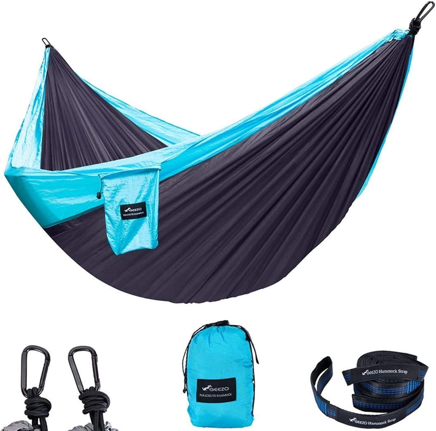 Double Camping Hammock, Lightweight Portable Parachute (2 Tree Straps 16 LOOPS/10 FT Included) 500Lbs Capacity Hammock for Backpacking, Camping, Travel, Beach, Garden