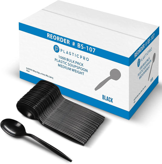 Black Plastic Silverware Soup Spoons Disposable Plastic Utensils, 1000 Pack