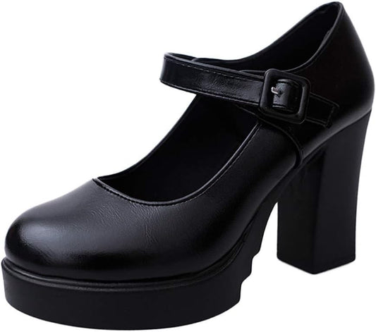Women Work Shoes Elegant Casual High Heel Thick Heels Platform Ankle Buckle Strap Pumps 5.5 Black