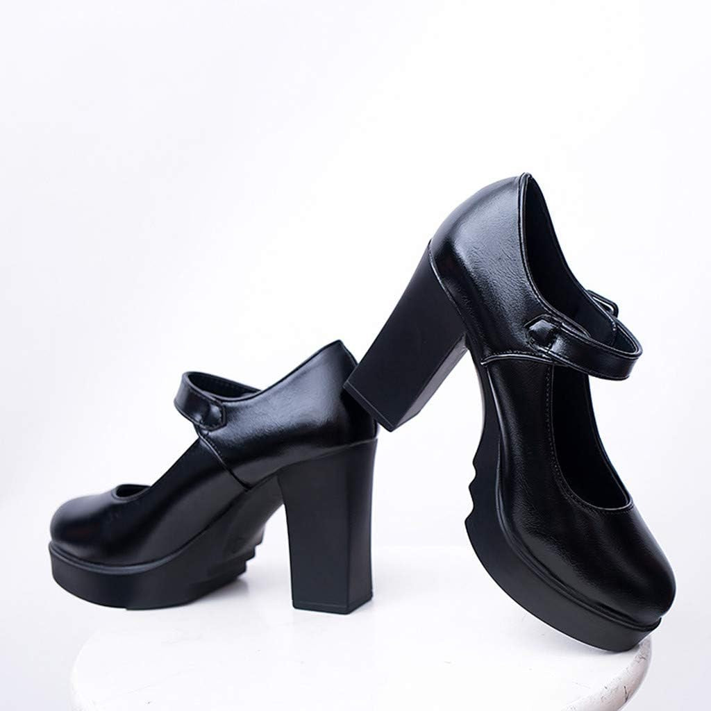 Women Work Shoes Elegant Casual High Heel Thick Heels Platform Ankle Buckle Strap Pumps 5.5 Black