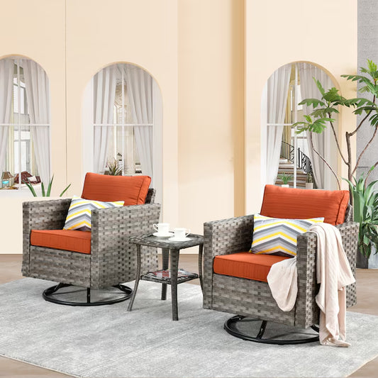 Shine Set of 2 Rattan Gray Swivel Rocker Rocking Chair with Orange Cushioned Seat