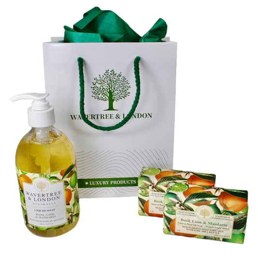 Luxury Basil, Lime & Mandarin Scented Spa Gift Set Liquid Soap, 2 Soap Bars & Gift Bag Natural Moisturizing Skin Care Pack for Women & Men