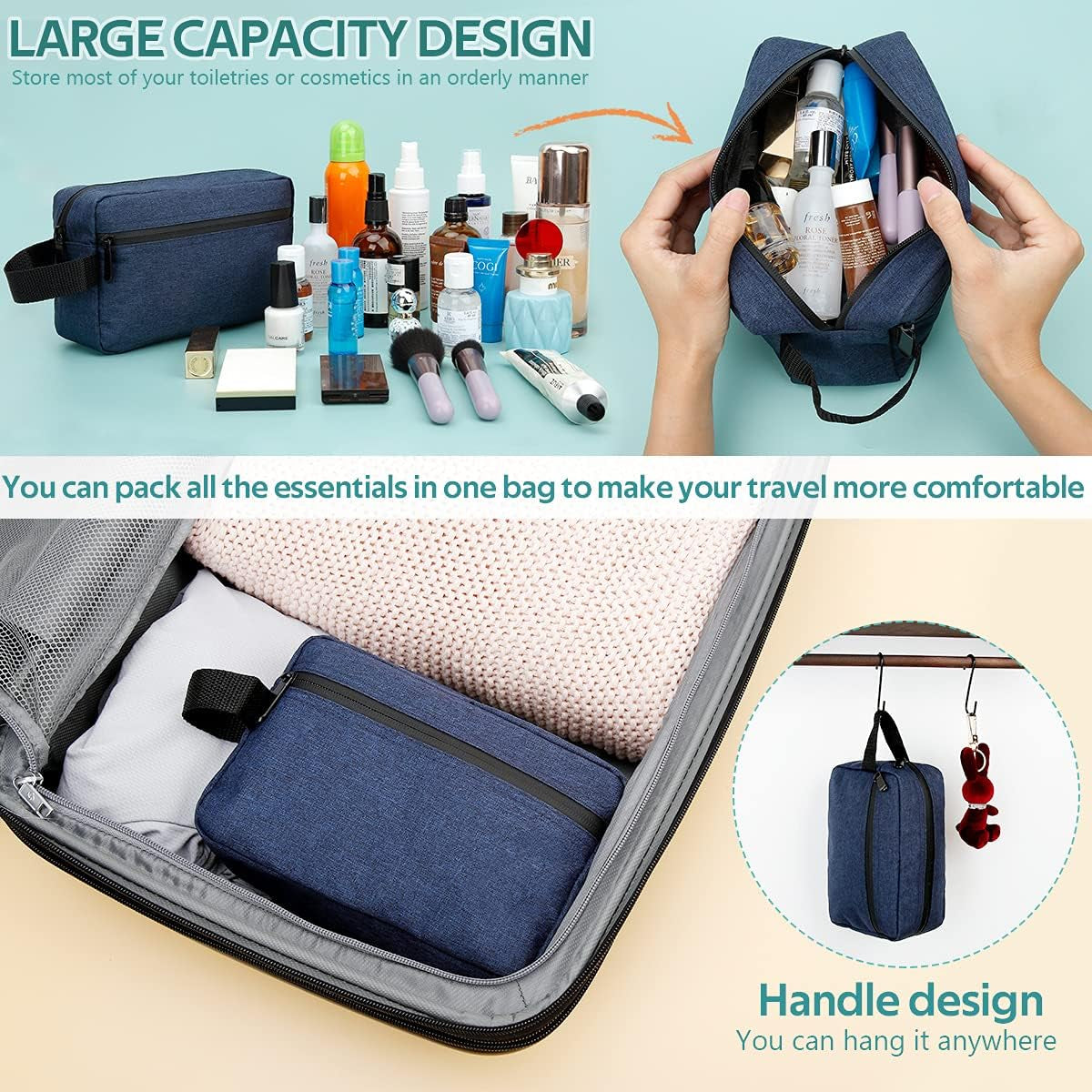 Travel Toiletry Bag for Women and Men, Water-Resistant Shaving Bag for Toiletries Accessories, Foldable Storage Bags with Divider and Handle for Cosmetics Toiletries Brushes Tools