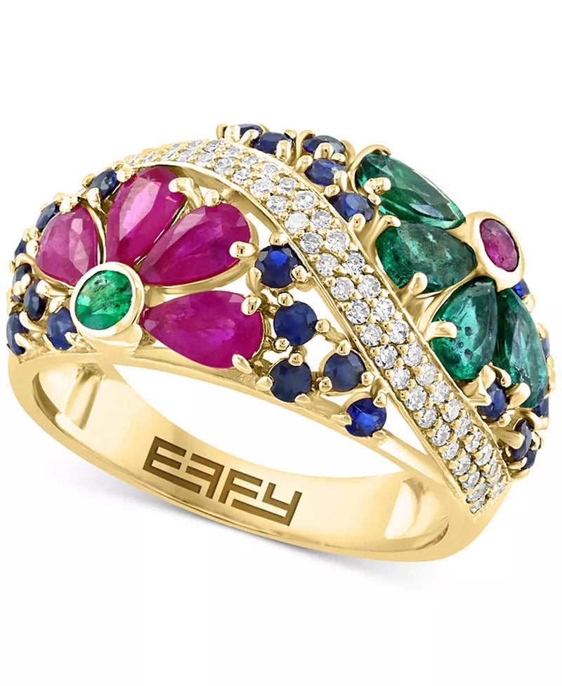 EFFYÂ® Multi-Gemstone (2-3/4 Ct. T.W.) & Diamond (1/4 Ct. T.W.) Flower Openwork Ring in 14K Gold