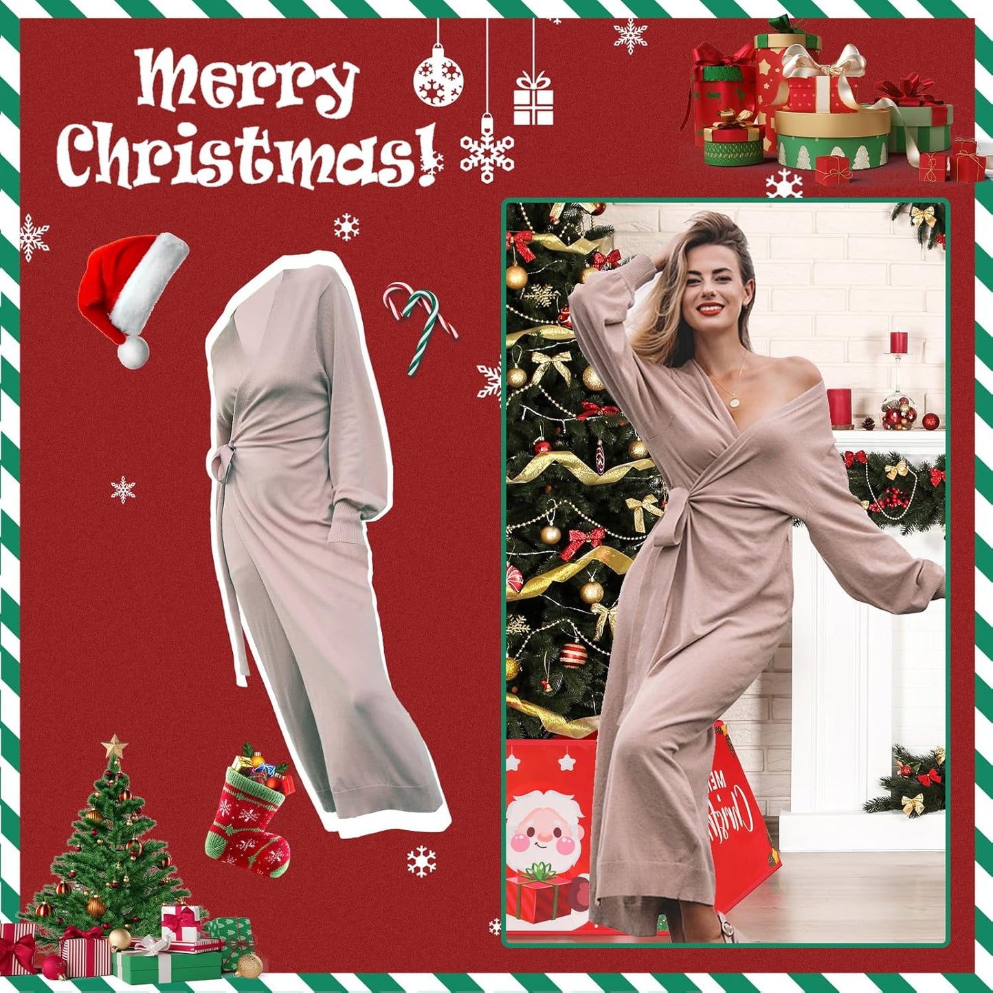 Womens Knit Sweater Dress Casual Solid Long Sleeve Wrap Maxi Dresses with Belt Camel