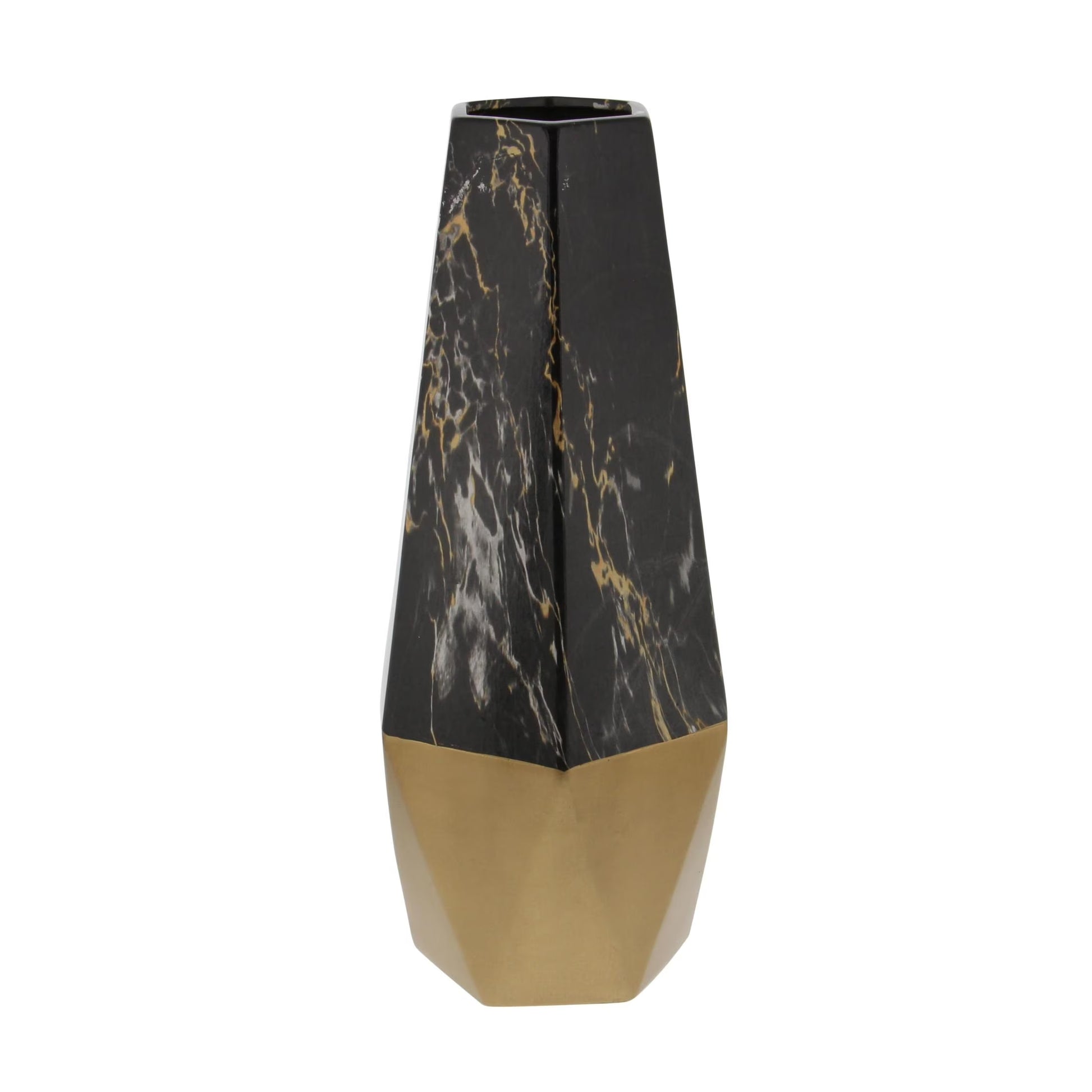 18" Faux Marble Dark Gray Ceramic Vase with Gold Base