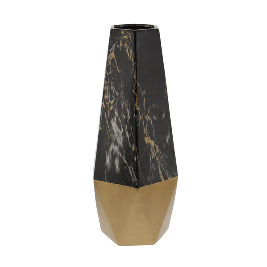 18" Faux Marble Dark Gray Ceramic Vase with Gold Base