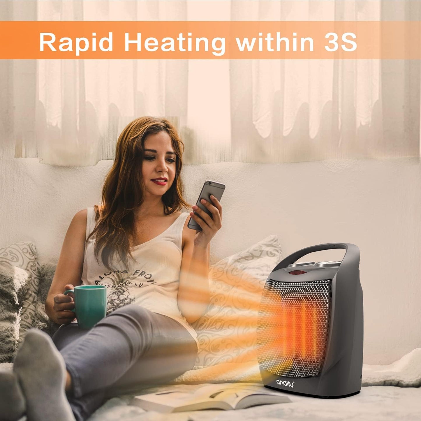 Compact Portable Ceramic Space Heater with Adjustable Comfort Control Thermostat, 3 Settings, Easy Handle, Great for Use in Home, Dorm, Office Desktop, and Kitchen, ETL for Safe (Grey)
