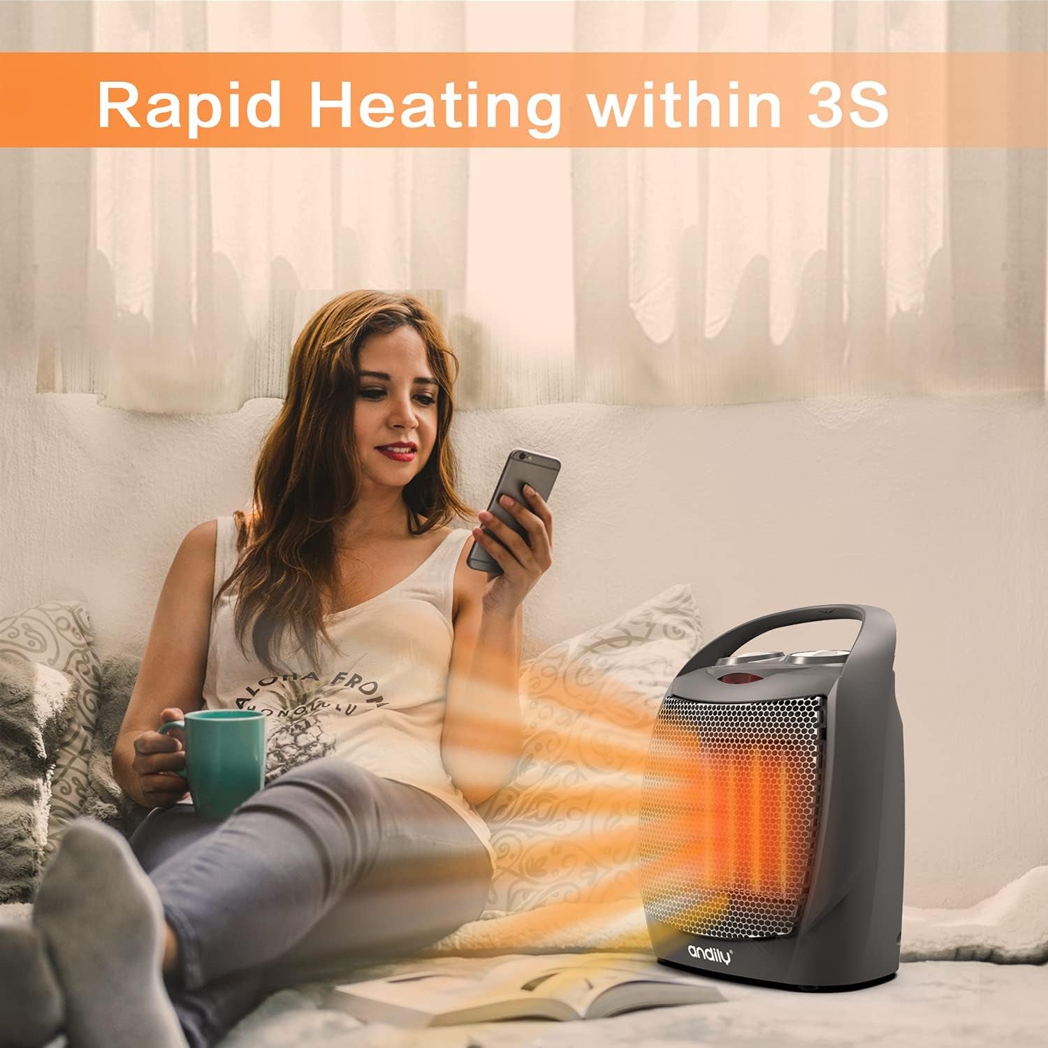 Compact Portable Ceramic Space Heater with Adjustable Comfort Control Thermostat, 3 Settings, Easy Handle, Great for Use in Home, Dorm, Office Desktop, and Kitchen, ETL for Safe (Grey)