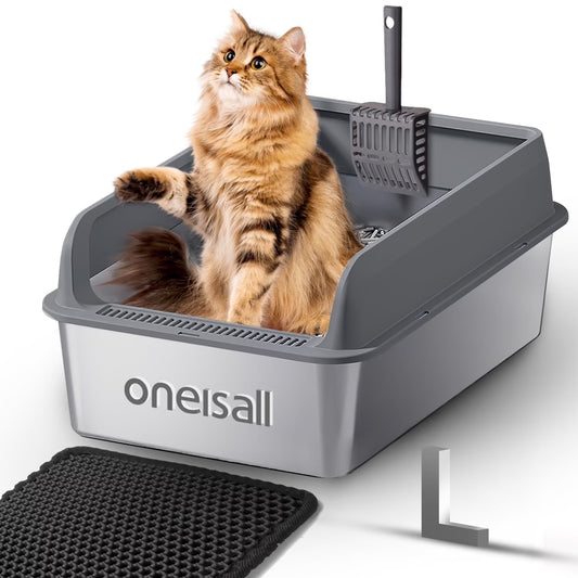 L Stainless Steel Cat Litter Box for Big Cats, MS-50 Metal Cat Litter Box with Scoop & Mat, Dark Gray
