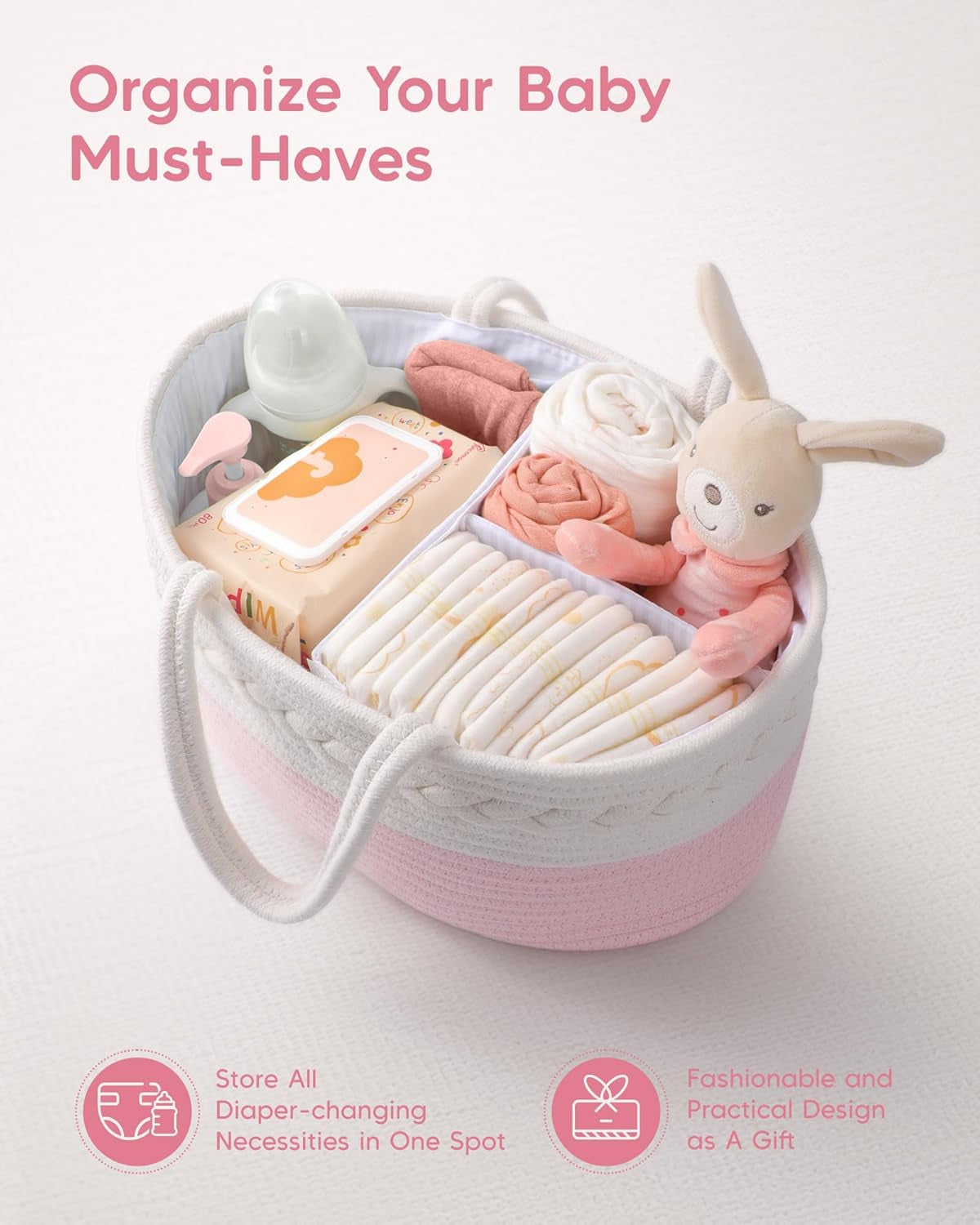 Diaper Caddy for Baby Girl-Cotton Rope Diaper Caddy, Diaper Organizer for Changing Table, Portable Baby Basket for Storage Baby Stuff, Newborn Registry Must Have Items