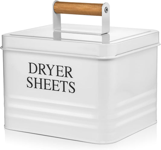 Modern Farmhouse Metal Laundry Dryer Sheets Holder Fabric Softener Dispenser with Lid for Laundry Room Decor and Accessories and Space Saving Laundry Organization and Storage, White