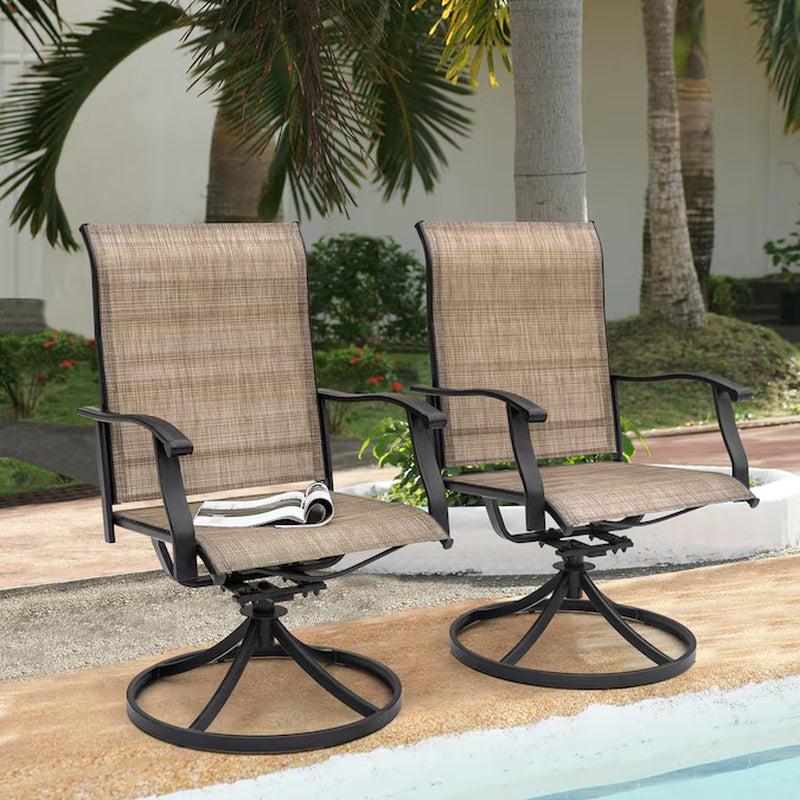 Outdoor 2-Piece Swivel Chair Set Set of 2 Black Iron Frame Swivel Dining Chair with Brown Solid Seat
