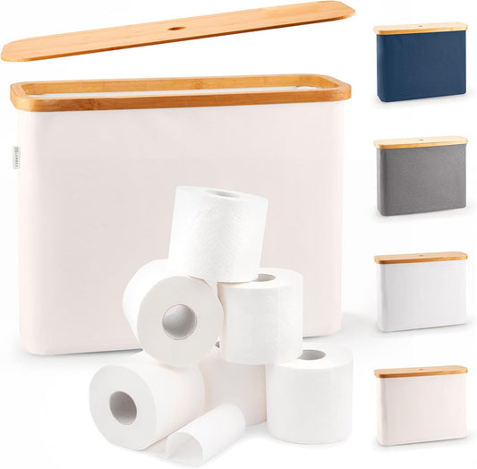 Toilet Paper Storage for 12 Rolls, Stackable & Foldable - the Ultimate Bathroom Organizer - Waterproof Basket with Bamboo Lid - Elegant Toilet Paper Storage Holder, Beige