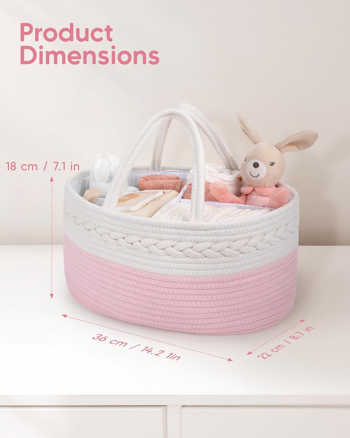 Diaper Caddy for Baby Girl-Cotton Rope Diaper Caddy, Diaper Organizer for Changing Table, Portable Baby Basket for Storage Baby Stuff, Newborn Registry Must Have Items