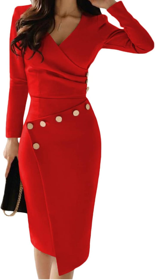 Women'S Deep V Neck Casual Work Bodycon Cocktail Party Pencil Midi Dress