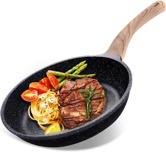 Nonstick Frying Pan Skillet Granite Coating Egg Omelet Pan 8 Inch Nonstick Pan with Woodgrain Handle, Non Stick Cooking Pans for All Stove Tops, PTFE PFOA Free, Induction Compatible