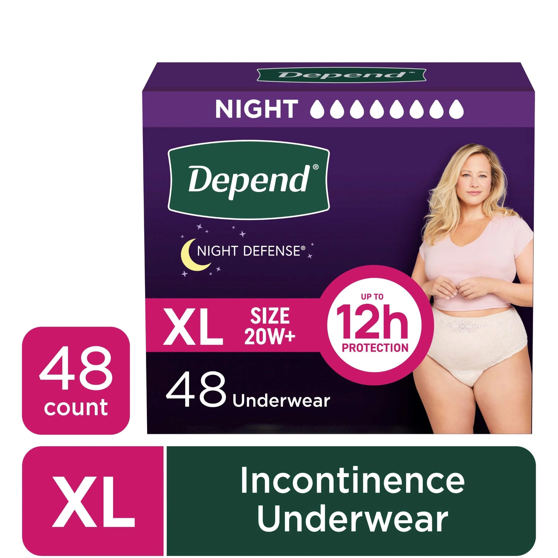 Night Defense Incontinence Underwear for Women, Adult Diapers, XL, 48 Count