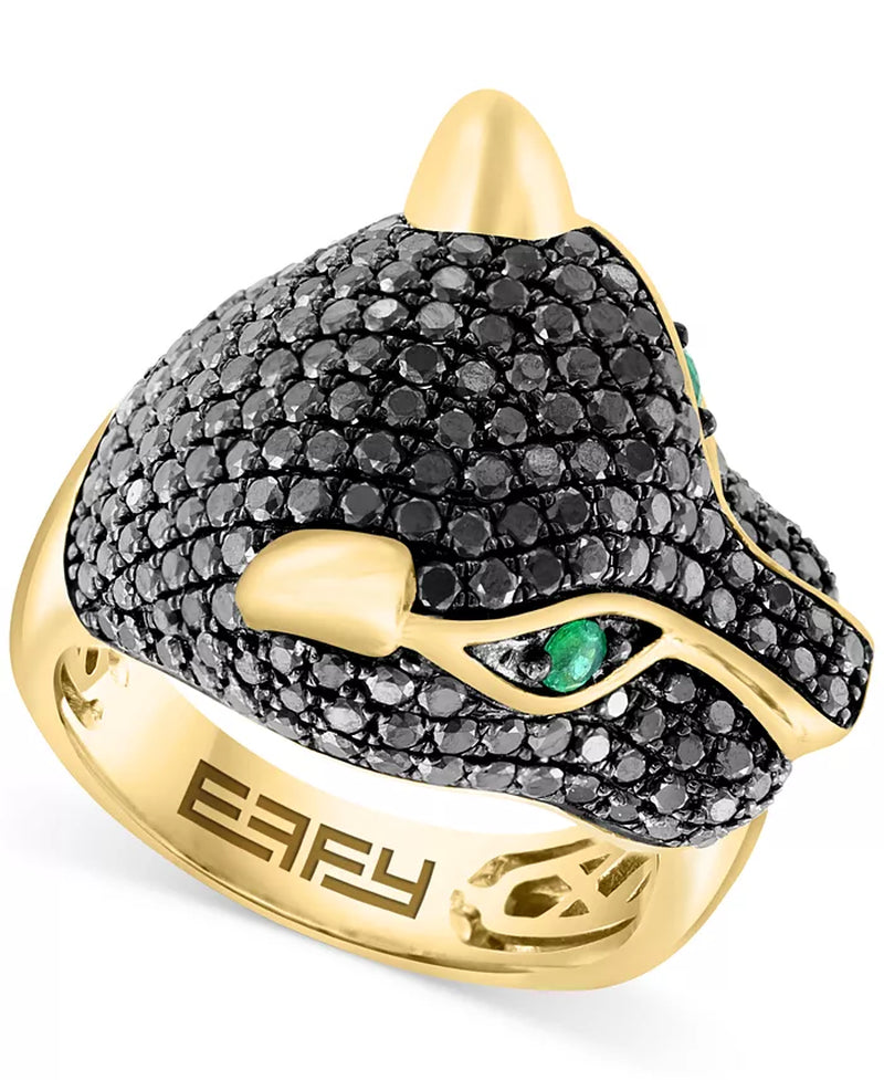 EFFYÂ® Black Diamond (1-3/4 Ct. T.W.) & Emerald (1/10 Ct. T.W.) Panther Head Ring in 14K Gold