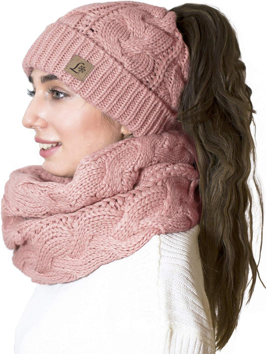 Ponytail Beanie Winter Set Knitted Hat Scarf Beanietail Hat Scarf Set Warm Women Hats Women Hat Scarf Winter