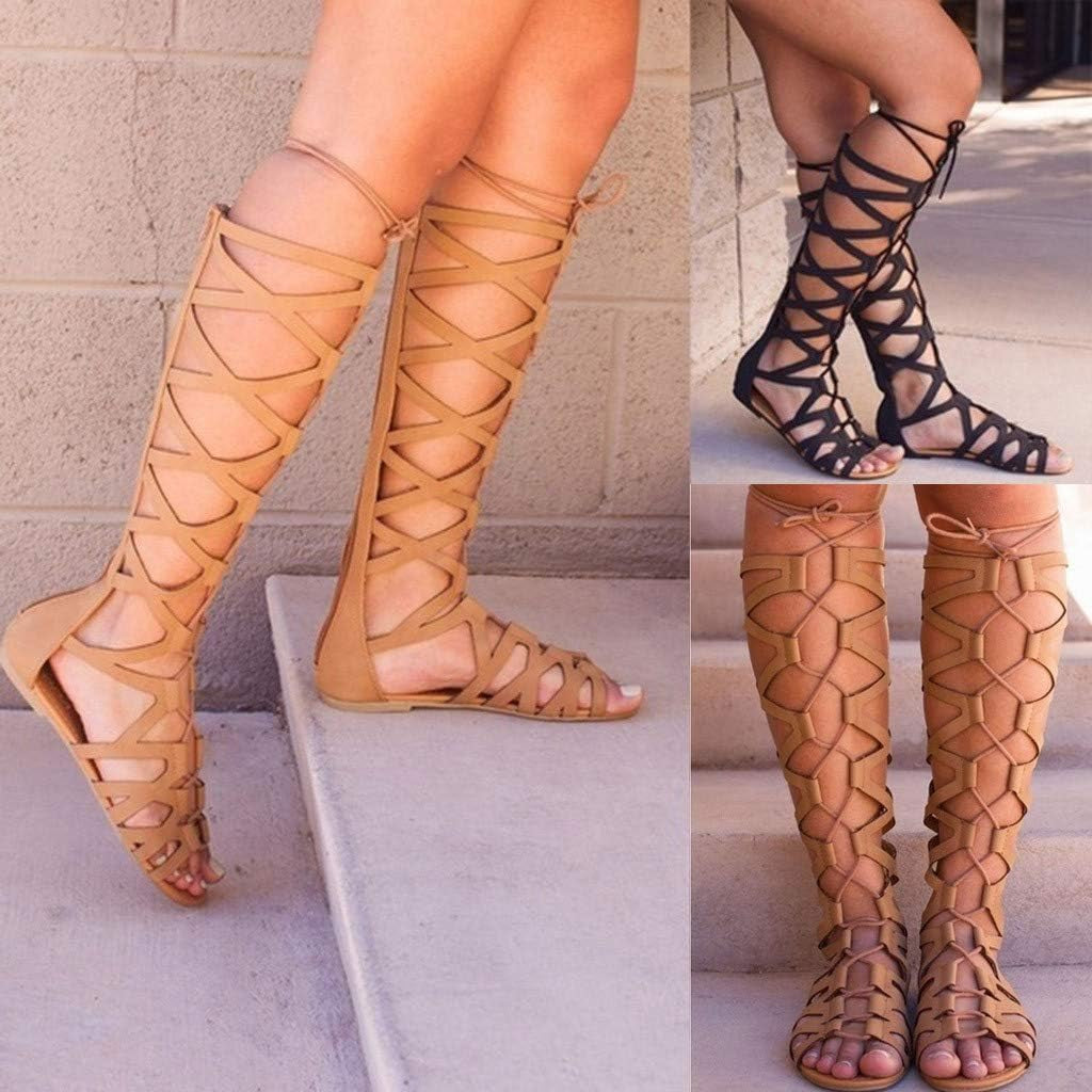 Womens Sandals Strappy,Flats Sandals Roman Shoes Straps Lace up Open Toe Wedges Sandals Bohemian Beach Flat Shoes
