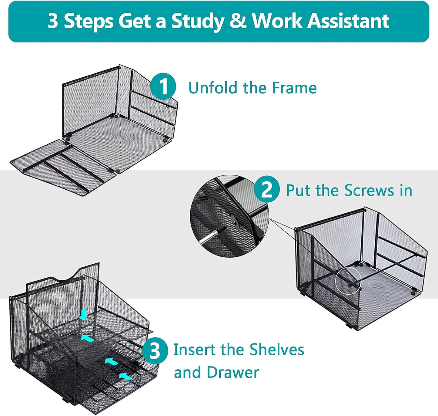 Desk Organzier Mesh Office Supplies Organization with Drawer File Accessories Storage Workspace with 4 Compartments for Women Home Desktop Paper Pen Shelf(12.8 X 12.4 X 9 Inch, Black)
