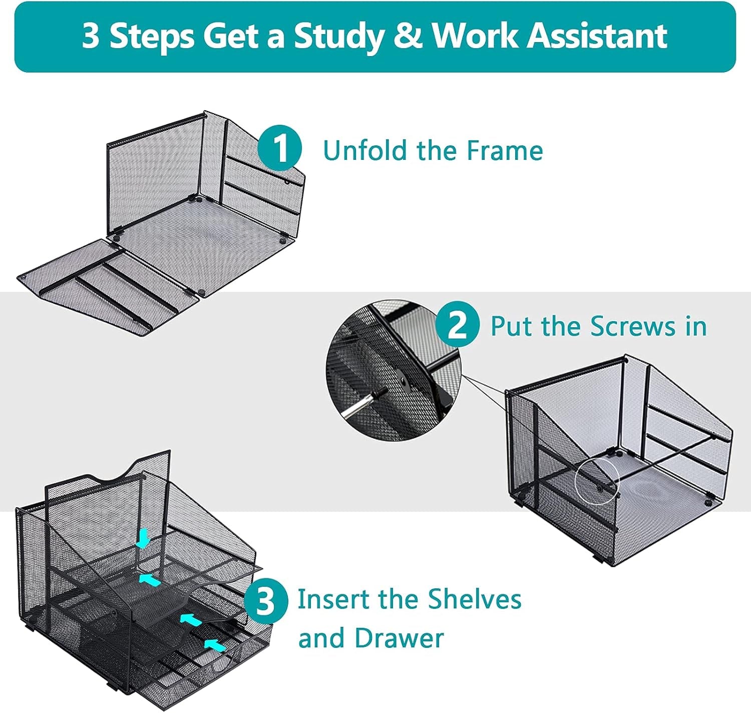 Desk Organzier Mesh Office Supplies Organization with Drawer File Accessories Storage Workspace with 4 Compartments for Women Home Desktop Paper Pen Shelf(12.8 X 12.4 X 9 Inch, Black)