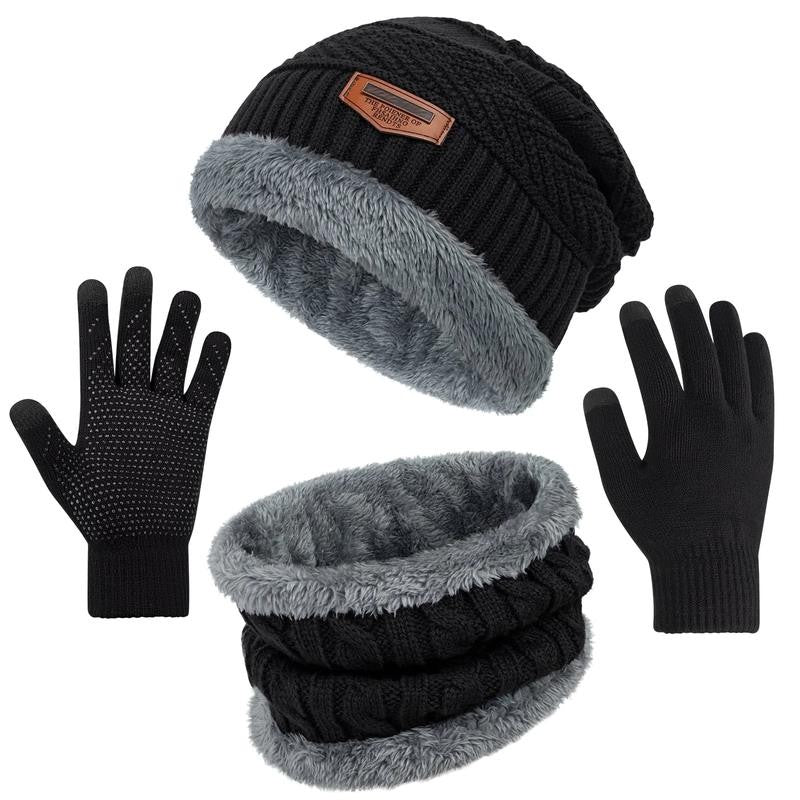 3 Pack Mens Hats and Scarf Set Soft Casual Winter Gloves Beanie Hats for Women