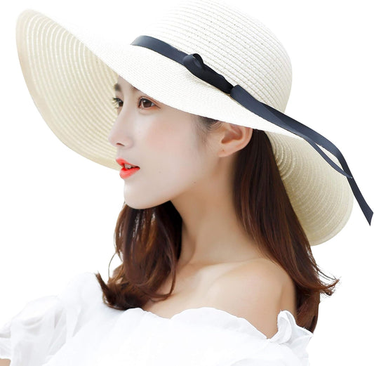 Womens Wide Brim Straw Sun Hat Floppy Foldable Roll up Cap UPF 50+ Summer Beach Hats