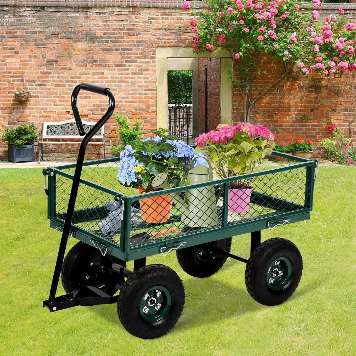 Garden Cart Garden Wagon Carts Heavy Duty Steel Garden Utility Carts with Removable Side and Wheels, Beach Lawn Dumping Yard Cart for Outdoor, Green