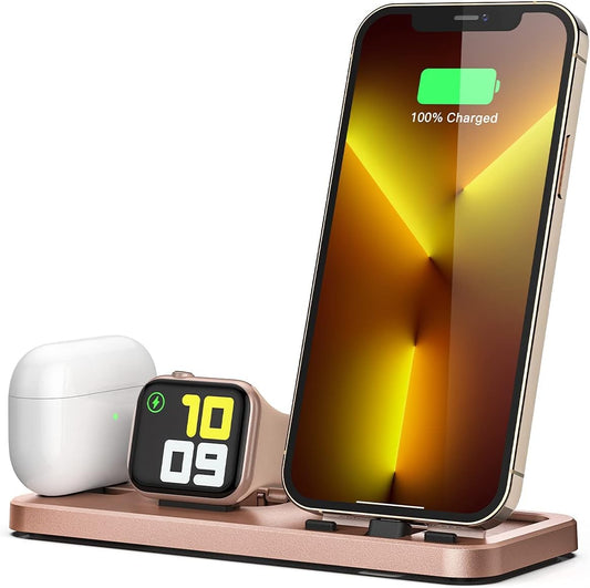 Portable 3 in 1 Charging Station for Apple Devices Foldable Charger Station for Apple Watch 7/6/SE/5/4/3/2/1 Charger Stand, Charging Dock Station for Iphone Airpods Pro 3/2/1 Rose Gold