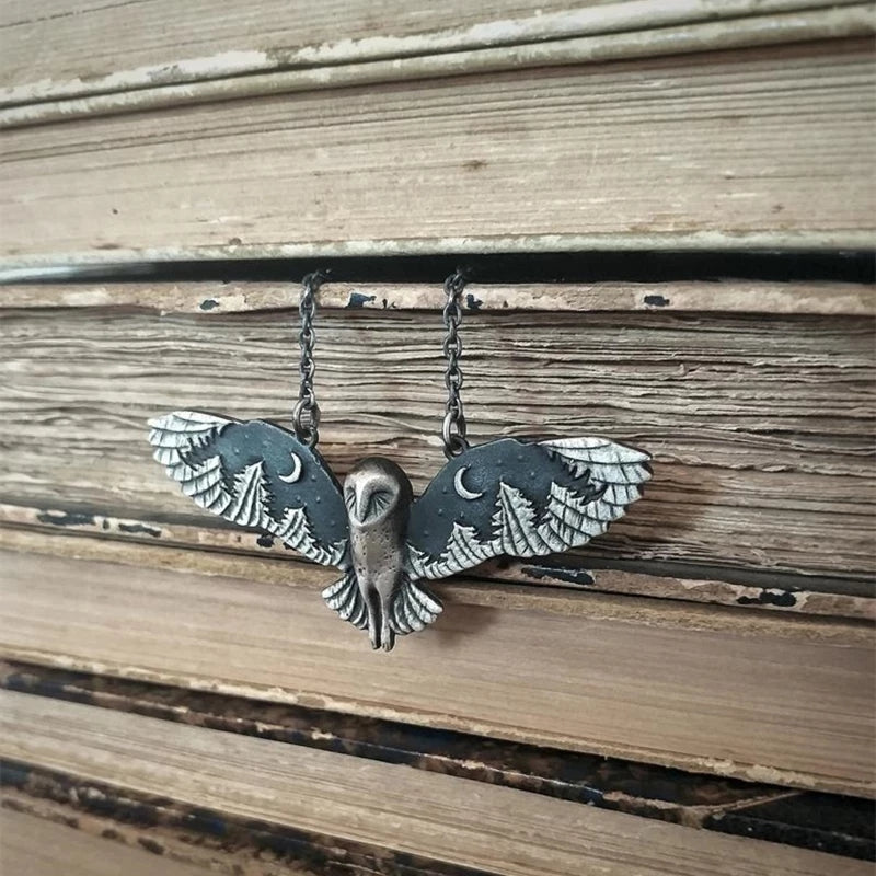 [Vintage Witch Moon Phase Necklace] Vintage Silvery Owl Pendant Necklace Witch Moon Phase Art Necklace Ladies Animal Totem Necklace Jewelry Gift