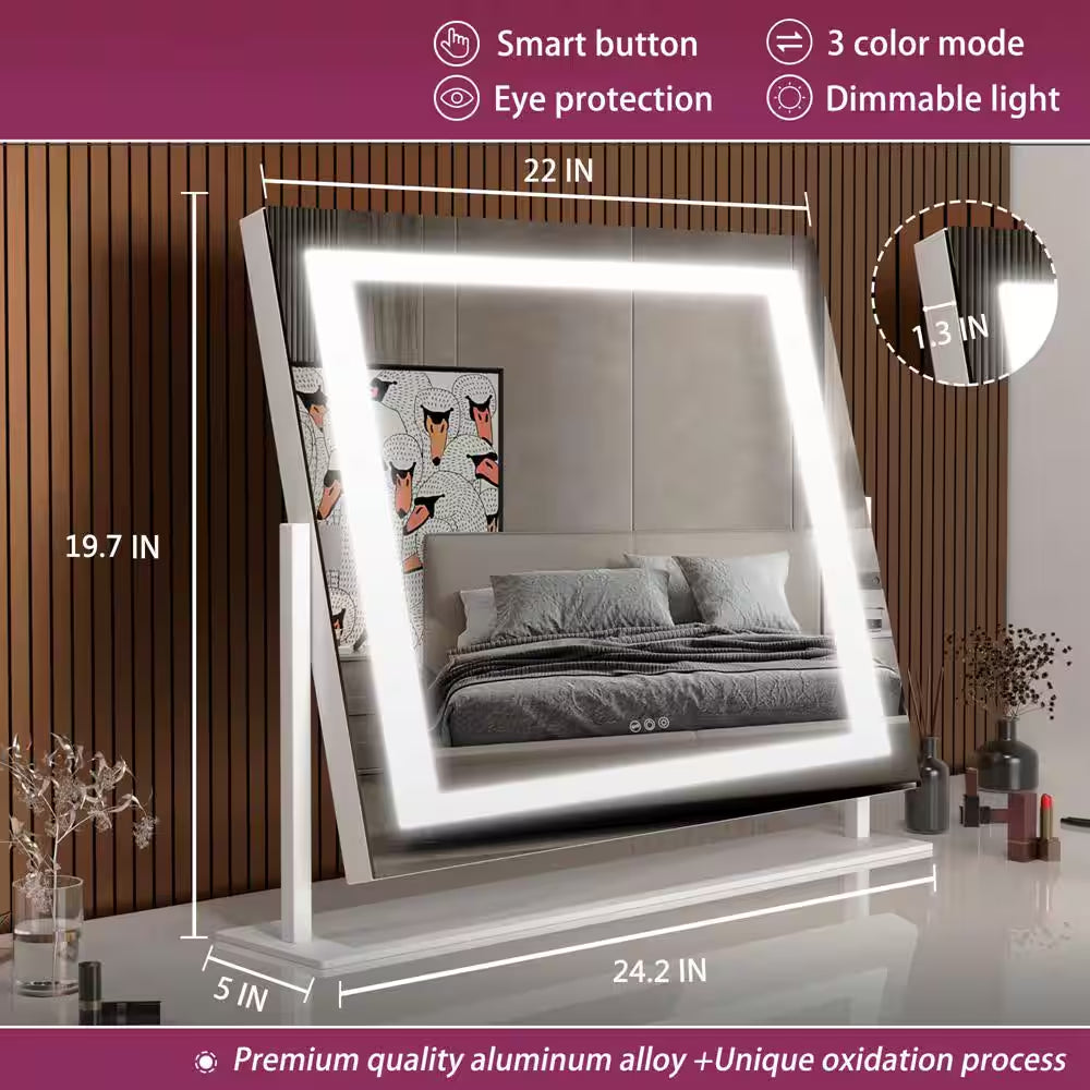 24.2 In. W X 18.9 In. H Square White Frame LED Makeup Mirror, 10X Magnification, USB Charging Port, 360° Rotation