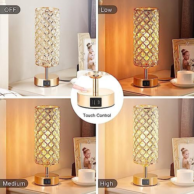 Crystal Table Lamp Lamp for Bedroom with USB-C USB-A USB-C+A Ports Gold
